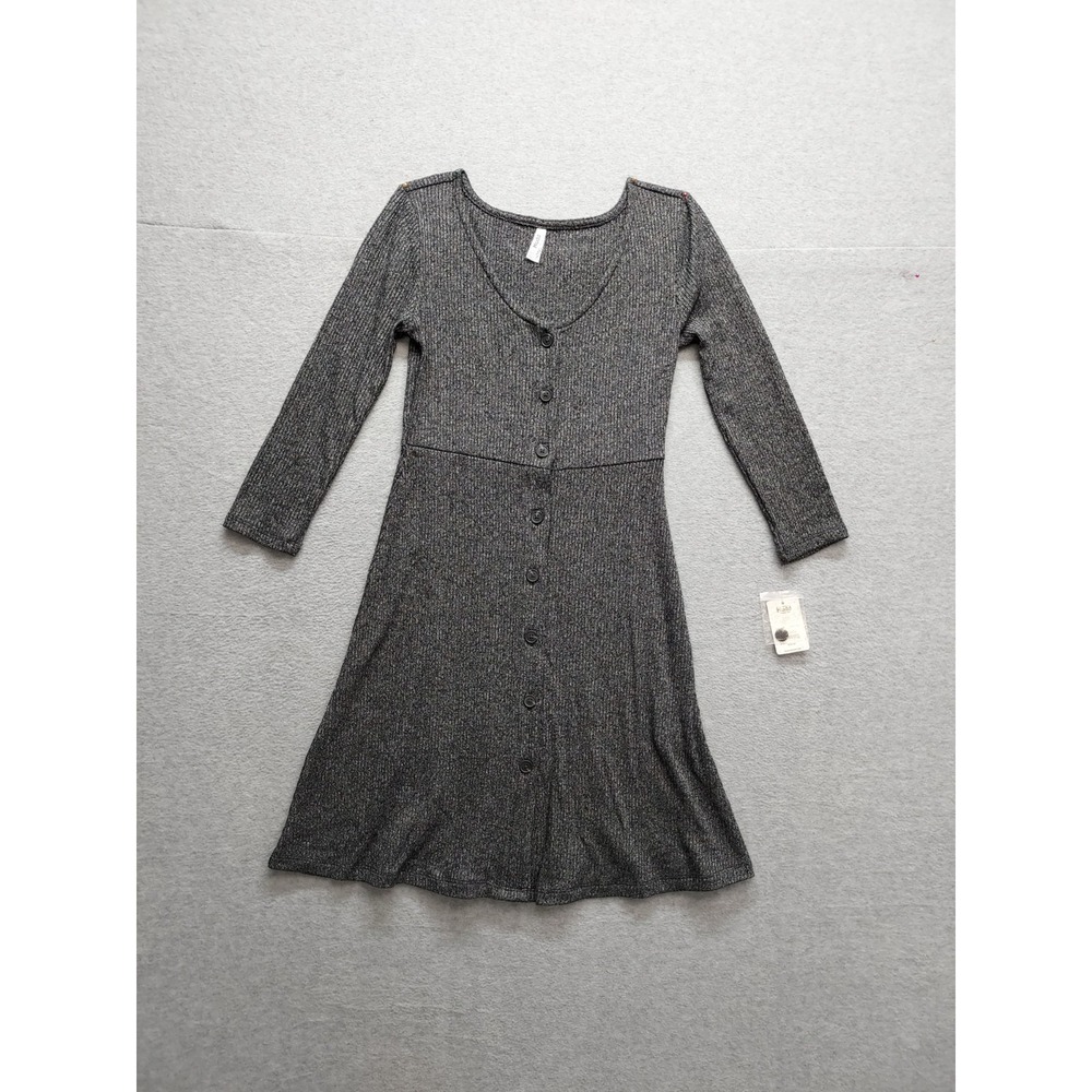 Mudd Women Dress XS Gray V Neck Button Front Long Sleeve Stretched Logo Casual